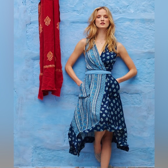 Anthropologie Maeve Eclipsed Faux Wrap Blue Paisley Motif Dress Sz 2 Asymmetric - Picture 1 of 9